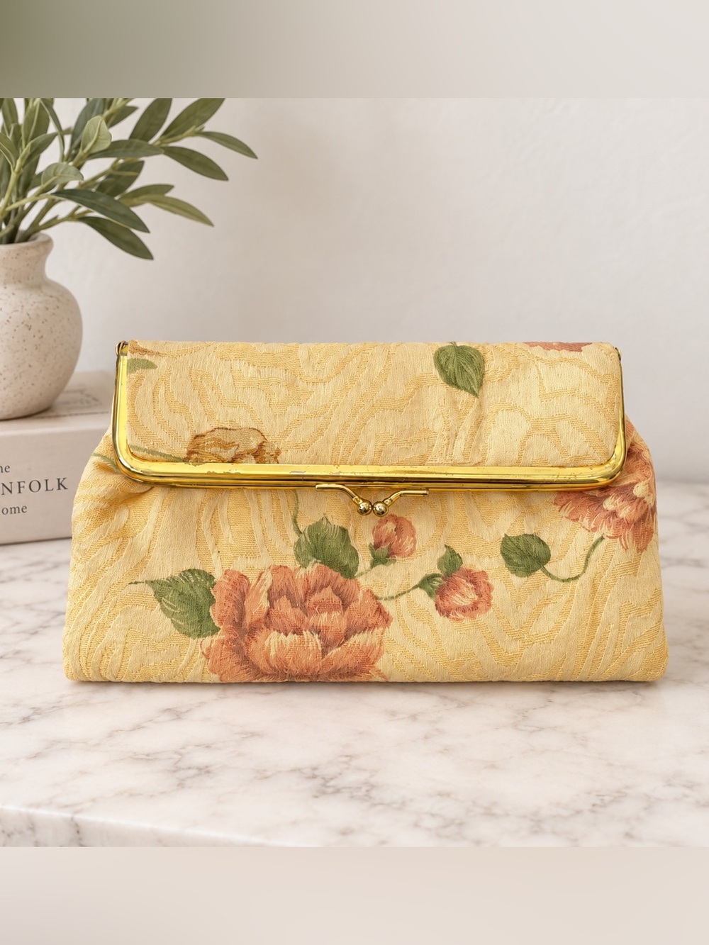 Vintage Floral Gold Frame Clutch Purse Cream Tapestry Handbag 1960s 70s